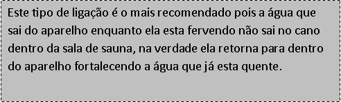 Caixa de texto: Este tipo de liga��o � o mais recomendado pois a �gua que sai do aparelho enquanto ela esta fervendo n�o sai no cano dentro da sala de sauna, na verdade ela retorna para dentro do aparelho fortalecendo a �gua que j� esta quente.